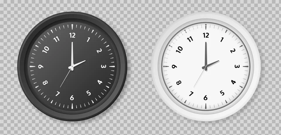 Realistic clock. Round white and black metal or plastic office clocks. Vector Stock Illustration