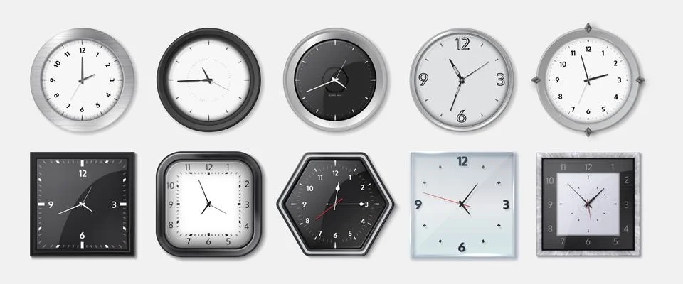 Realistic clock. Square and round metal and plastic office clocks with black and Stock Illustration