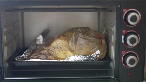 A realistic close-up shot of a whole chicken and sliced potatoes roasting Stock Footage 333815873