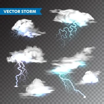Realistic clouds with lightning set on transparent background. Thunderstorm and Stock-Illustration