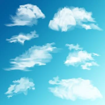 Realistic Clouds Set. White cloud. Blue Sky Panorama. Vector Illustration. Illustrazione stock