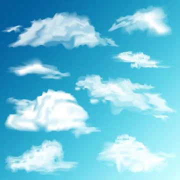 Realistic Clouds Set. White cloud. Blue Sky Panorama. Vector Illustration. Stock Illustration