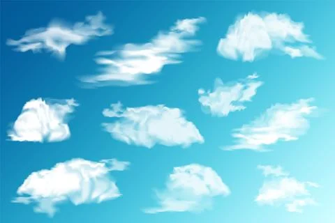 Realistic Clouds Set. White cloud. Blue Sky Panorama. Vector Illustration. Stock Illustration