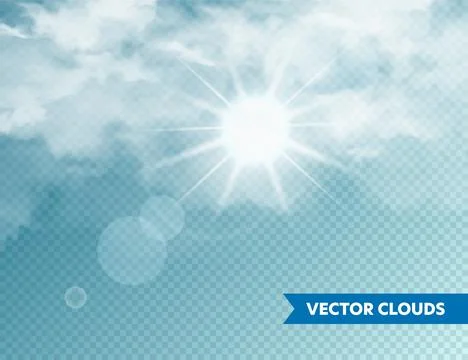 Realistic Clouds with Sun Flare. Isolated Cloud on Blue Transparent Background Stock Illustration
