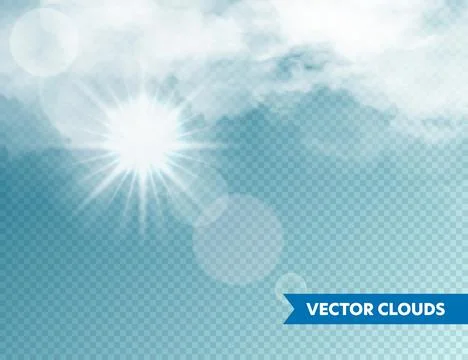 Realistic Clouds with Sun Flare. Isolated Cloud on Blue Transparent Background Stock Illustration