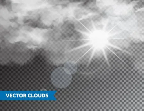 Realistic Clouds with Sun Flare. Isolated Cloud on Transparent Background. Sky Stock Illustration