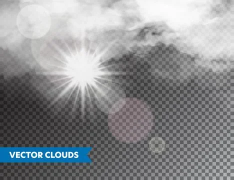 Realistic Clouds with Sun Flare. Isolated Cloud on Transparent Background. Sky Stock Illustration