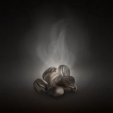 Realistic coffee beans. Roasted dark black coffee beans on pile with smoke Illustrazione stock