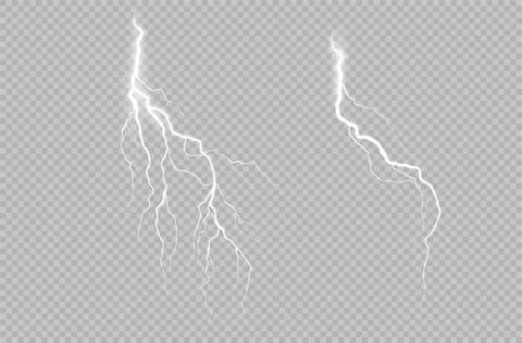 Realistic collection with lightning thunderstorm on transparent background Illustrazione stock
