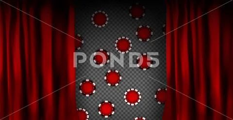 Realistic colorful red velvet curtain. Under the curtains gambling chips gamb Stock Illustration