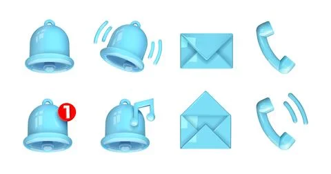 Realistic communication icon. 3D plastic phone, notification bell and message Illustrazione stock