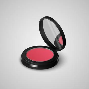 Realistic compact rouge face in black container with mirror. Illustrazione stock