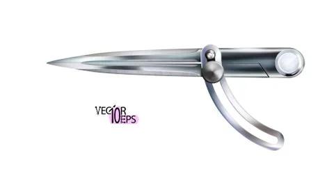Realistic compass, dividers, locksmith marking tool. Chrome work instrument Stock Illustration