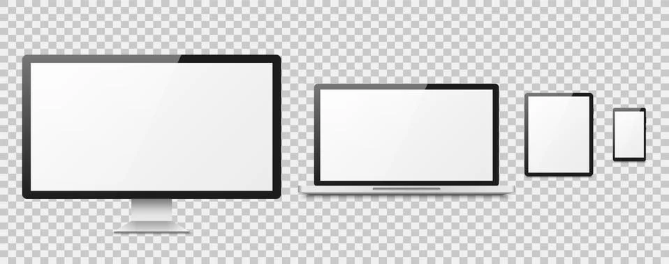 Realistic computer. Computer desktop screen, devices laptop tablet phone Stock Illustration