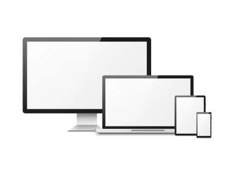 Realistic computer. Devices laptop tablet phone smartphone monitor, computer Stock Illustration