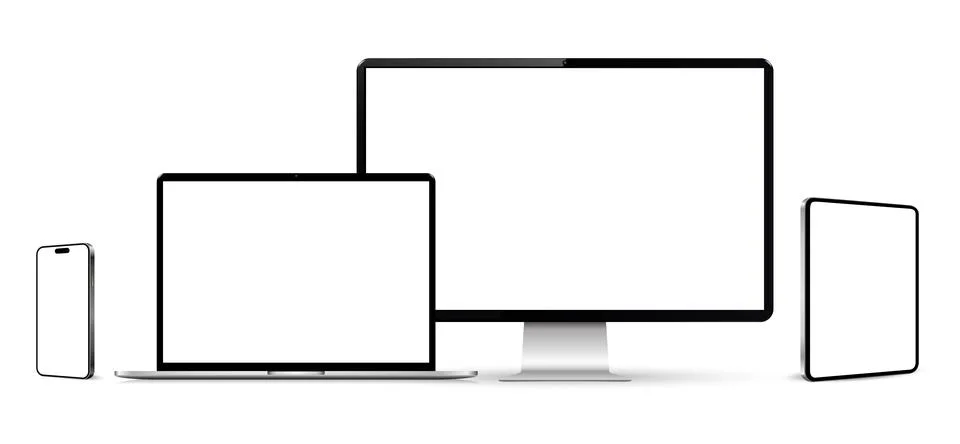 Realistic computer display, laptop, digital tablet, smartphone isolated on wh 库存插图