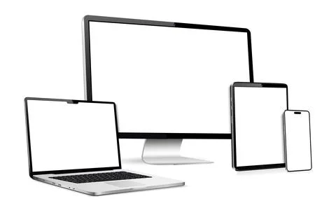 Realistic computer, laptop, tablet, cell phone. Modern digital devices mockup Illustrazione stock