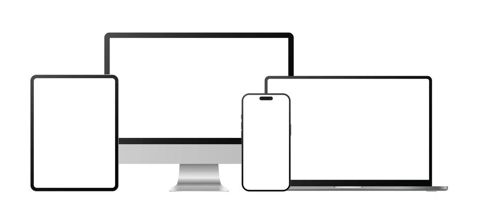 Realistic Computer Laptop Tablet Mobile Phone Device Mockup Set Vector Stock Illustration