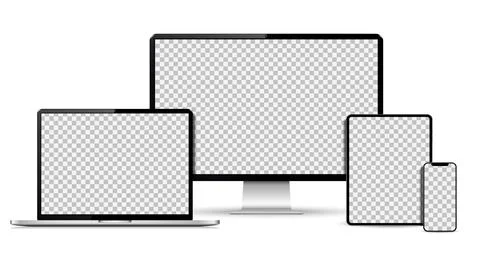 Realistic computer, laptop, tablet, smartphone mockup. Set technology devic.. 库存插图