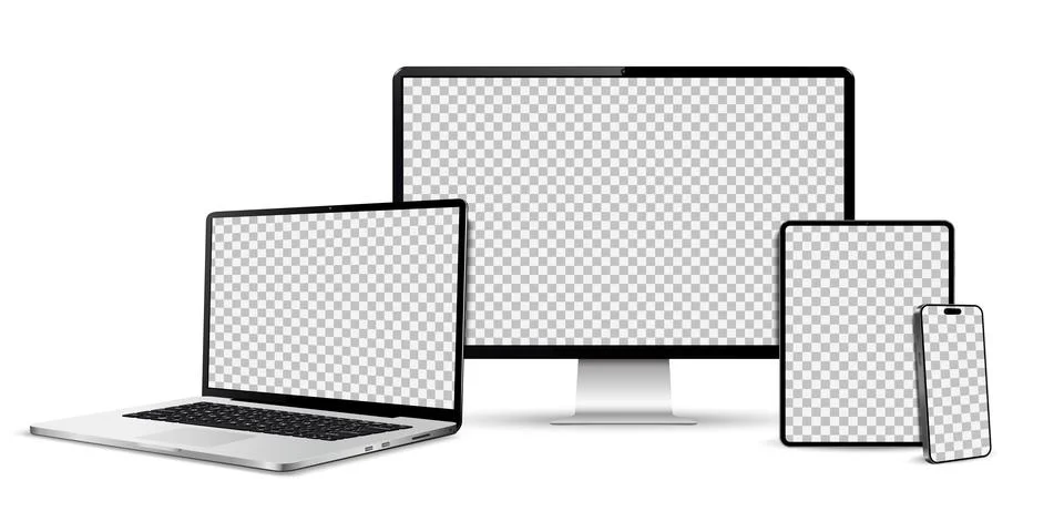 Realistic computer, laptop, tablet, smartphone mockup. Set technology devic.. 库存插图