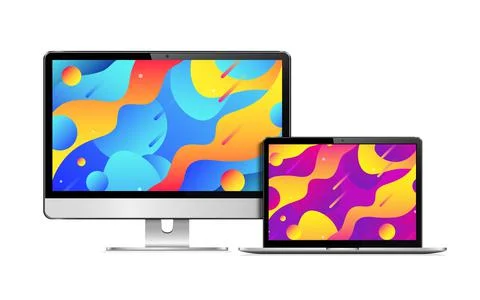Realistic computer screen and laptop with color gradient background Stock Illustration