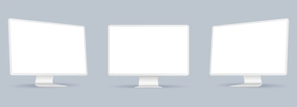 Realistic computer screen clay mockup. White computer display on three side.. Illustrazione stock
