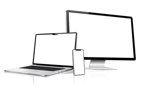 Realistic computer screen with laptop and mobile phone. Flat lay detailed a.. 库存插图
