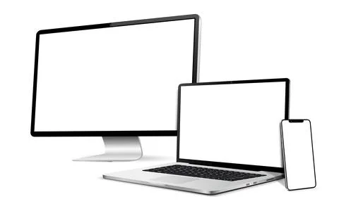 Realistic computer screen with laptop and mobile phone. Flat lay detailed a.. 库存插图