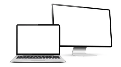 Realistic computer screen with laptop mockup. Computer display and laptop wit Illustrazione stock