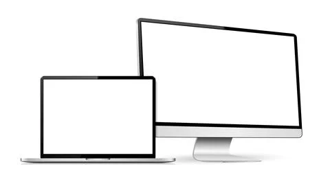Realistic computer screen with laptop mockup. Computer display and laptop w.. Illustrazione stock
