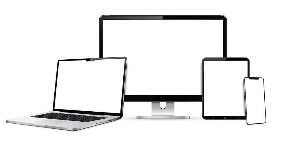 Realistic computer screen, laptop, tablet, phone Illustrazione stock
