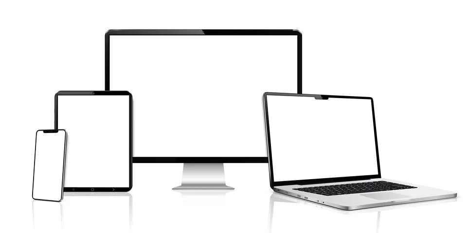 Realistic computer screen, laptop, tablet, phone. Flat lay detailed and rea.. Stock Illustration