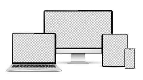 Realistic computer screen, laptop, tablet pc and smartphone mockup. Set techn Stock Illustration