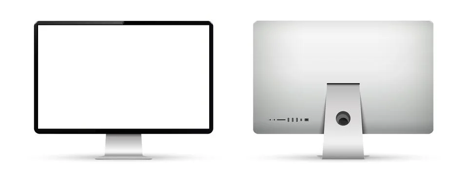 Realistic computer screen mockup. Computer display front and back view. Illustrazione stock