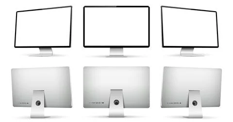 Realistic computer screen mockup. Computer display on three sides with blan.. Illustrazione stock