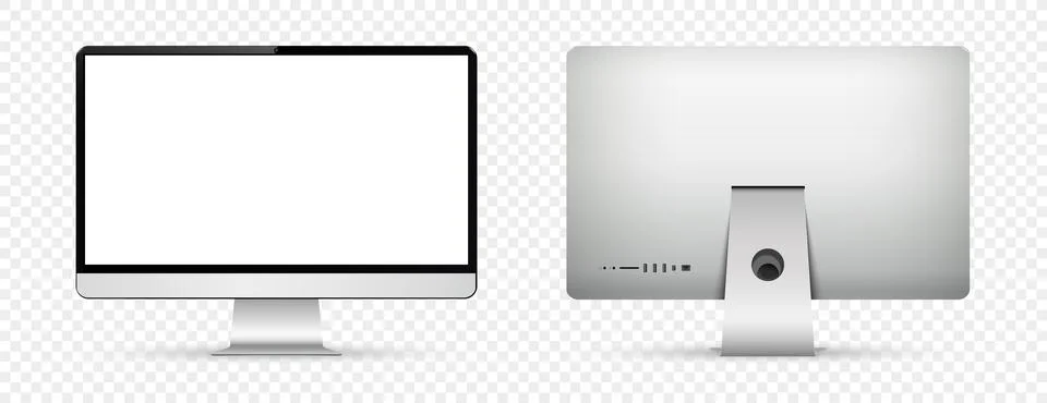 Realistic computer screen mockup. Computer monitor front and back view on t.. Illustrazione stock