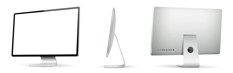 Realistic computer screen mockup. Computer display on three sides with blan.. Illustrazione stock