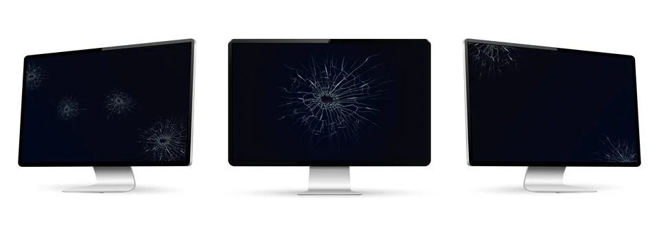 Realistic computer screen mockup. Perspective and front view with broken scre Stock Illustration