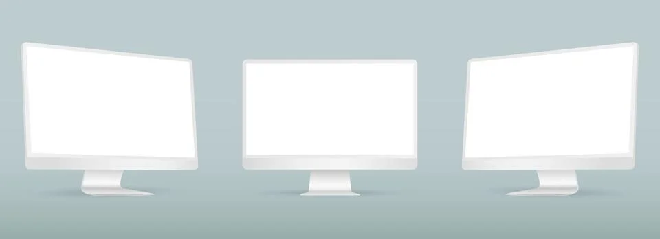 Realistic computer screen mockup. White computer display on three sides with  Illustrazione stock