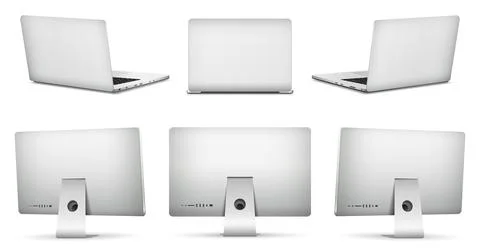 Realistic computer screen rear view mockup. Laptop computer rear view isola.. Illustrazione stock