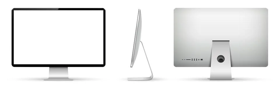 Realistic computer on three sides with blank screen. Front, side and back v.. Stock Illustration