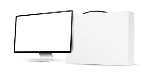 Realistic computer with white carton box mockup Stock Illustration