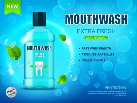 Realistic cool mint mouse rinse, mouthwash bottle Illustrazione stock