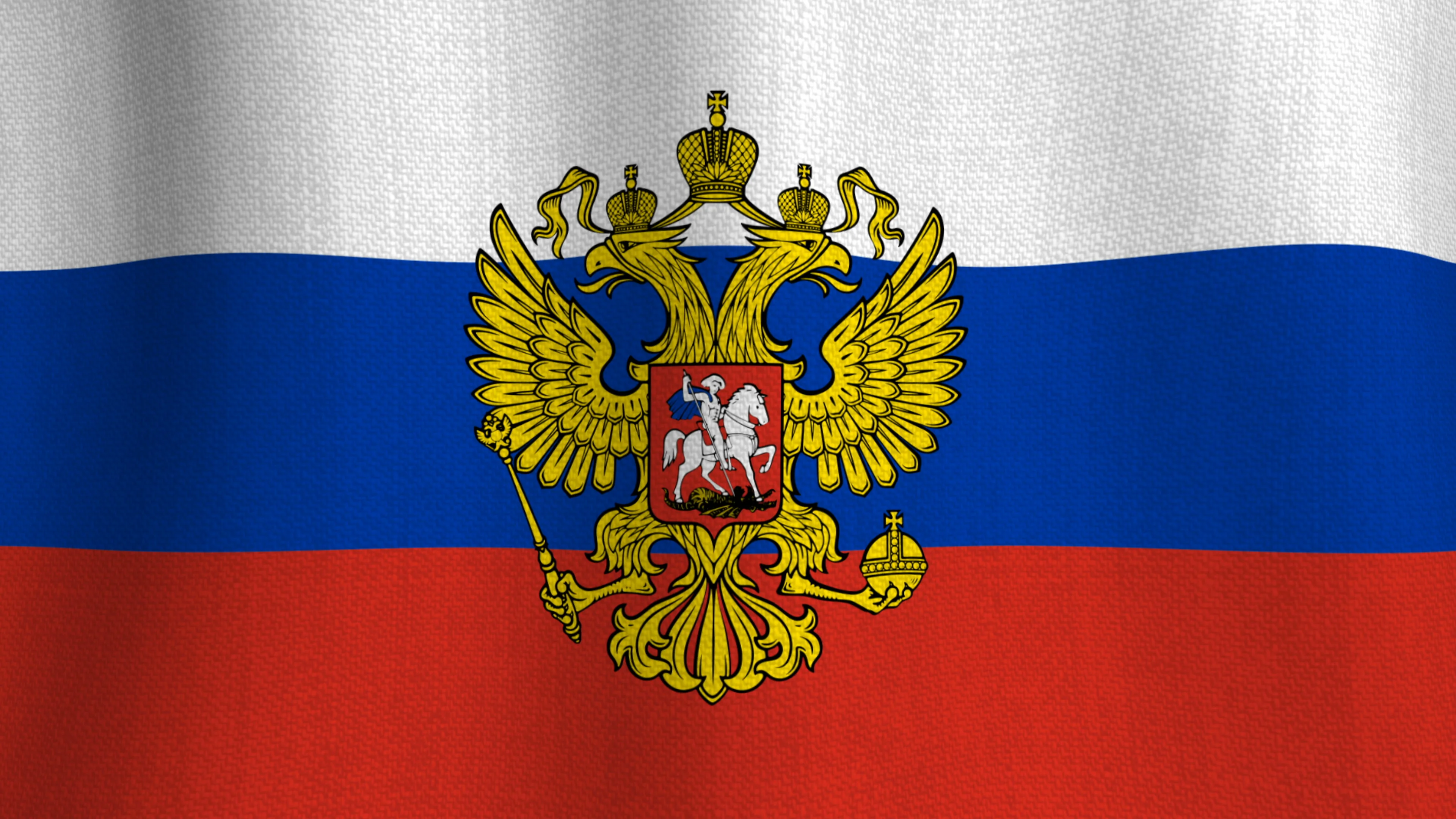 Russian Satin Flag With Coat of Arms of Russia. Waving Fabric