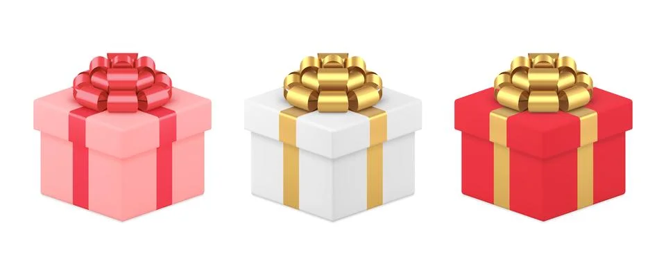 Realistic cubes festive gift boxes wrapped by metallic detailed bow ribbon fo Stock Illustration