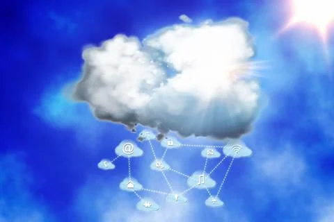 Realistic cumulus cloud is floating in flat design, showing cloud computing with Stock Illustration