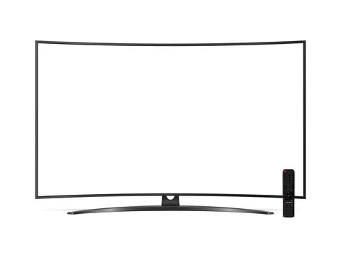 Realistic curved tv flat screen with remote control isolated on white backg.. Stock Illustration