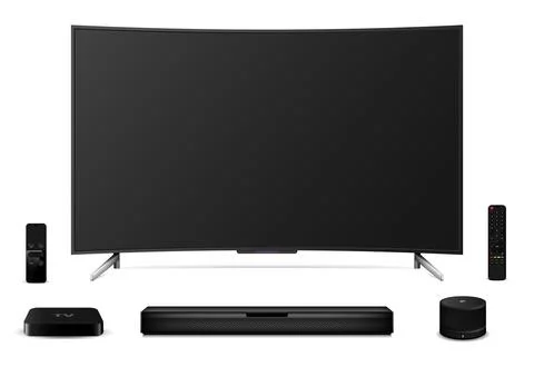 Realistic curved tv, remote control, soundbar, tv set-top box and smart speak Illustration