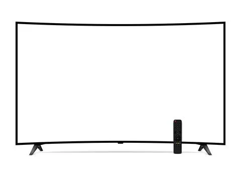 Realistic curved tv screen with remote control. Smart tv mockup. Stock Illustration