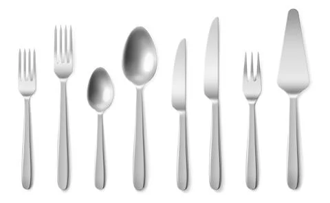 Realistic cutlery. 3d silverware clean closeup top view collection, steel Stock Illustration